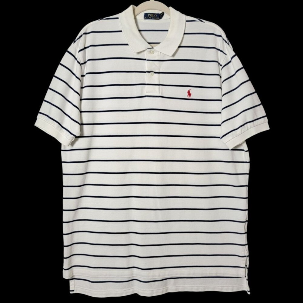 Polo Ralph Lauren Mens Blue White Striped Pique Cotton Short Sleeve Shirt XL